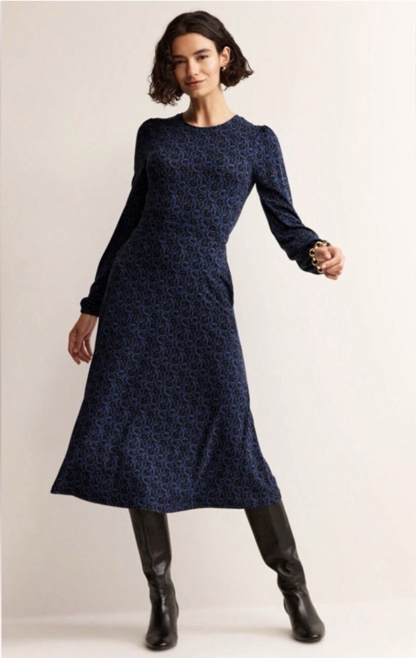 Boden Camille Jersey Midi Dress Blue Black Atlantic Primrose Swirl US Size 6R